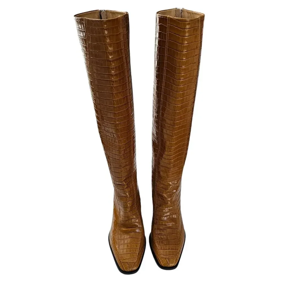 Aeyde Charlie Croc Embossed Knee High Heel Boot Size 36 US 6 Brown Leather Zip